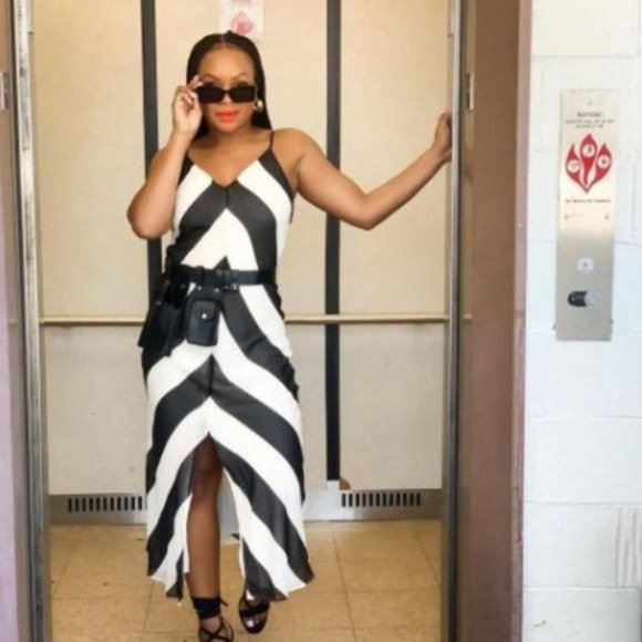 Christopher John Rogers Stripe Slip Dress Size 2 Black White Chevron Maxi Slit - Picture 6 of 12